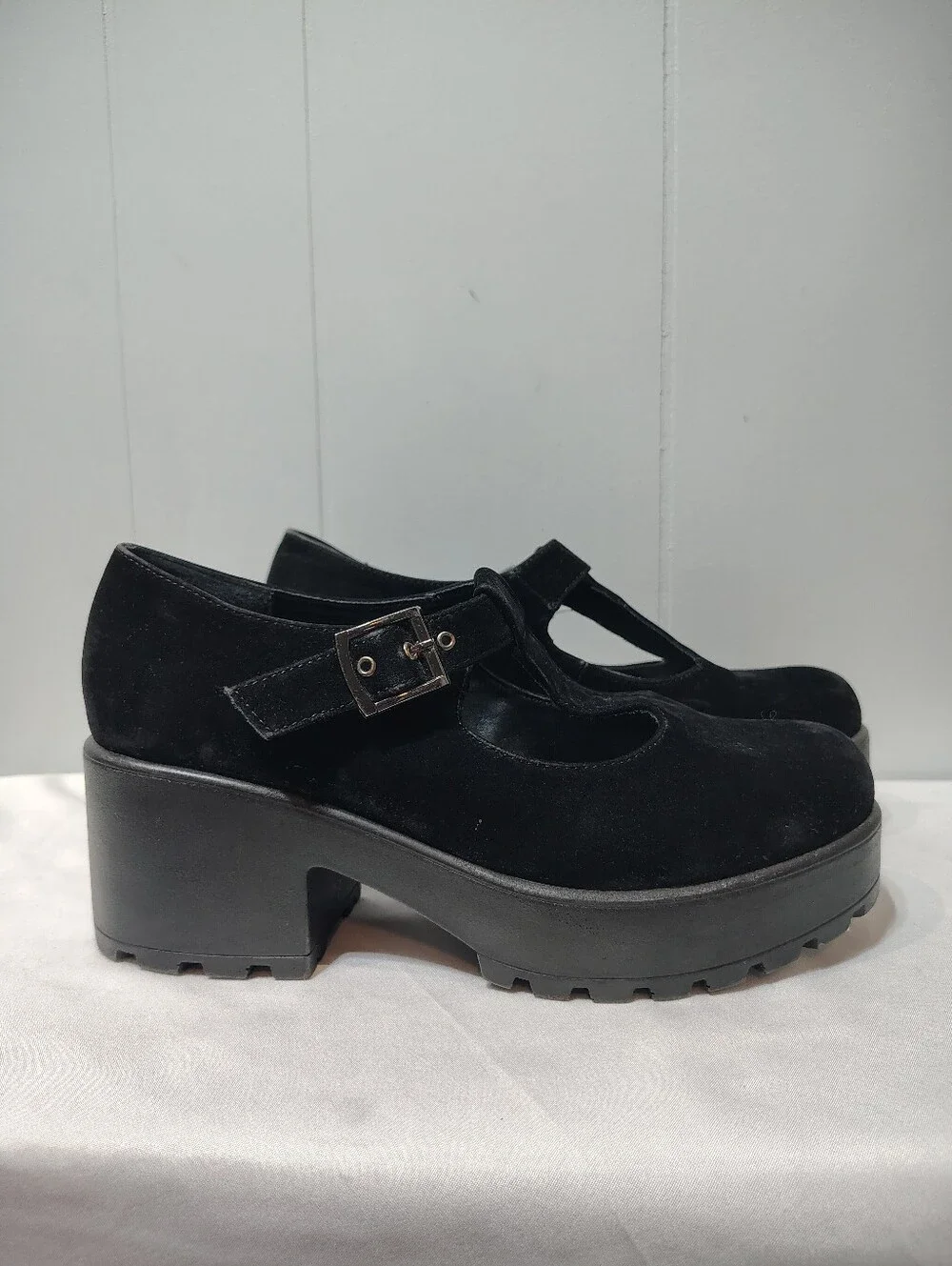 Koi Black Platform Chunky Faux Suede Sai Mary Janes Size UK 8/ US 10